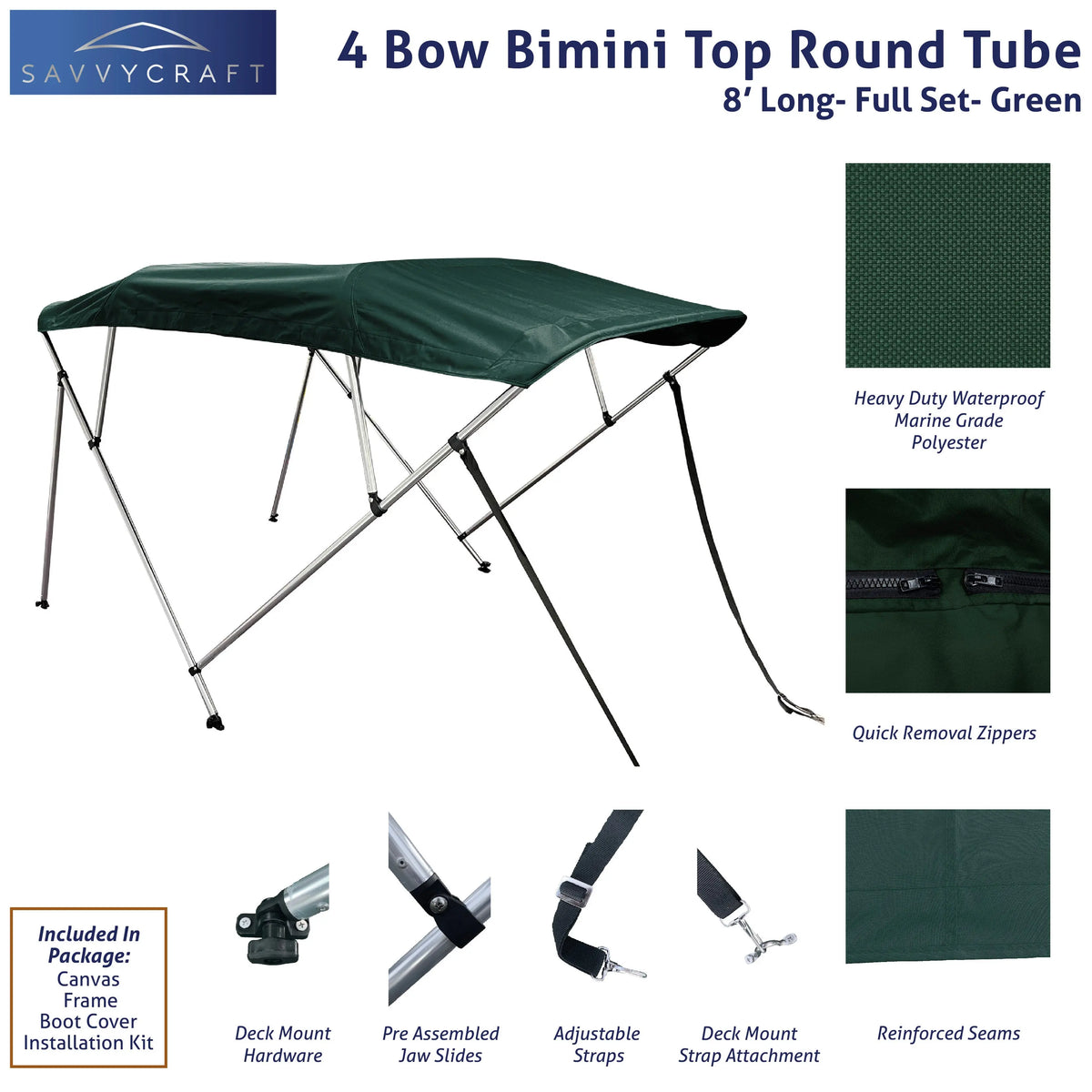 Green 8ft long 4-Bow Bimini Top set with round frame, marine-grade polyester canvas, boot, and mounting hardware included.