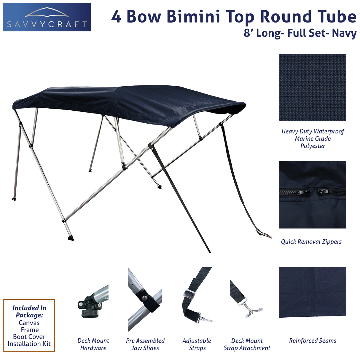 Navy 8ft long 4-Bow Bimini Top set with round frame, marine-grade polyester canvas, boot, and mounting hardware included.
