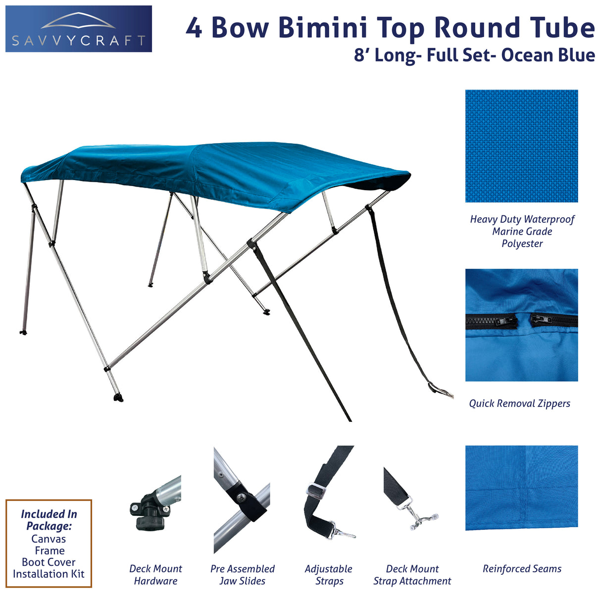 Blue 8ft long 4-Bow Bimini Top set with round frame, marine-grade polyester canvas, boot, and mounting hardware included.