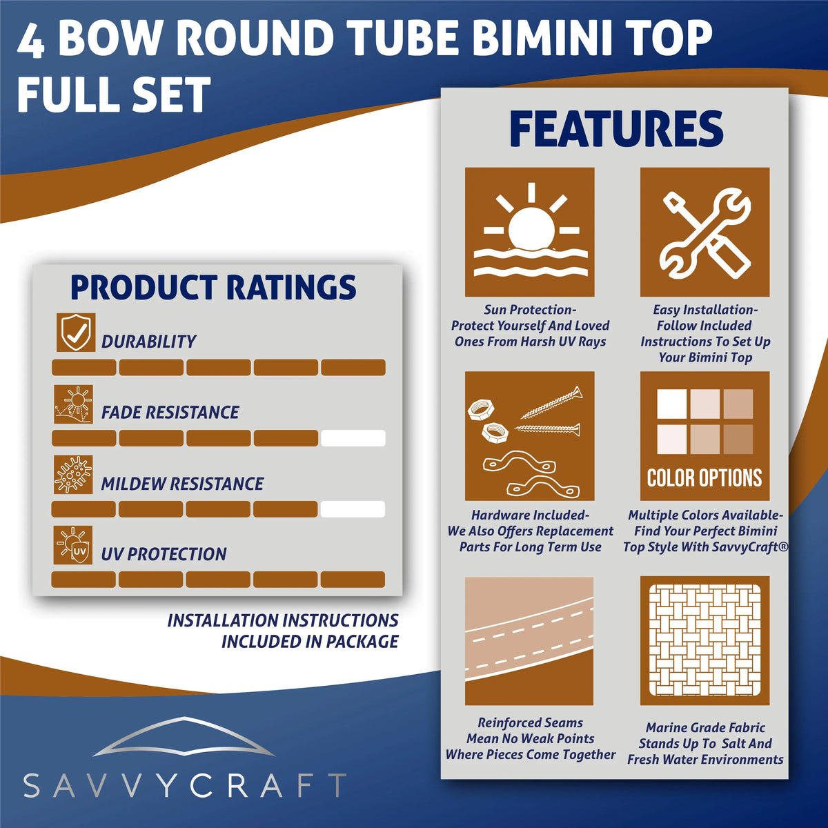 SavvyCraft 4 Bow Round Tube Bimini Top product details including features, ratings.