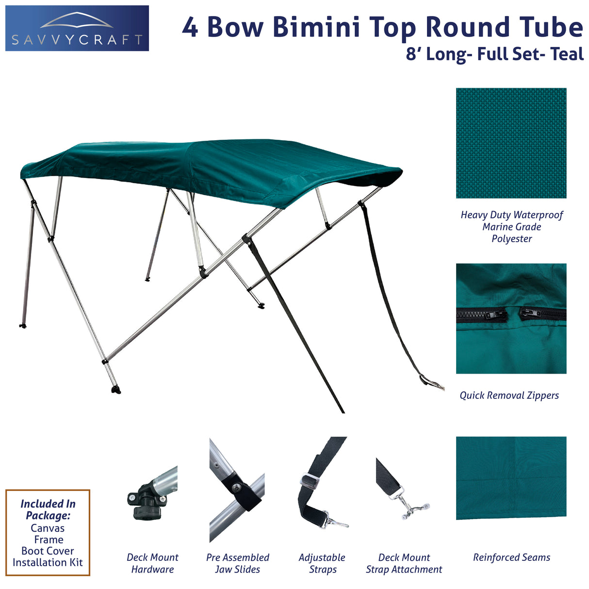 Teal 8ft long 4-Bow Bimini Top set with round frame, marine-grade polyester canvas, boot, and mounting hardware included.