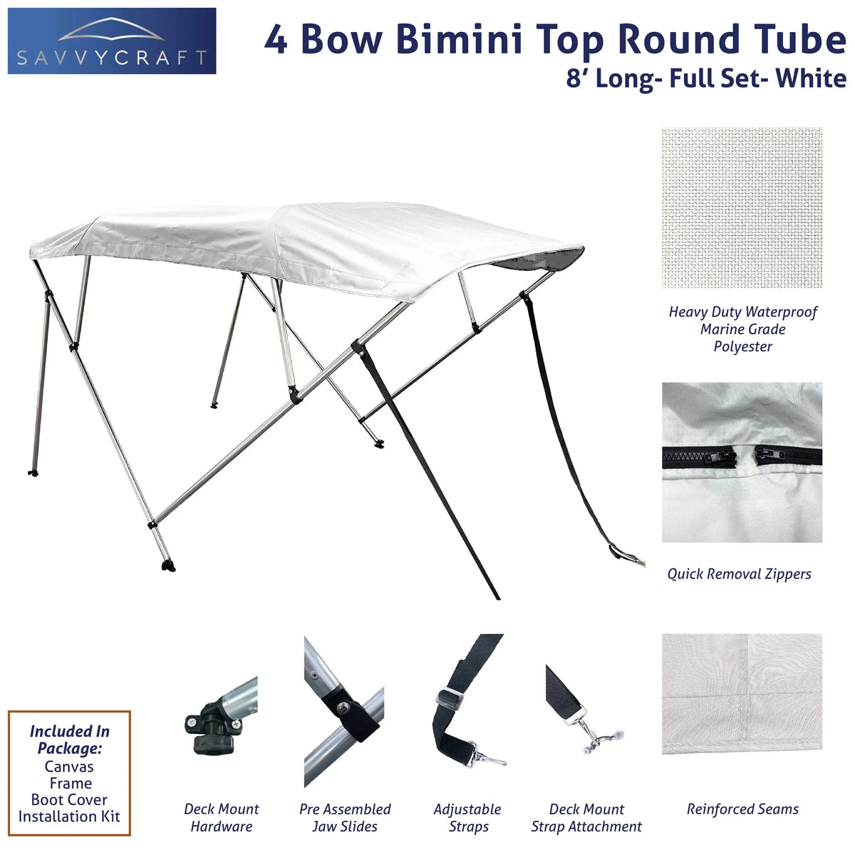 White 8ft long 4-Bow Bimini Top set with round frame, marine-grade polyester canvas, boot, and mounting hardware included.