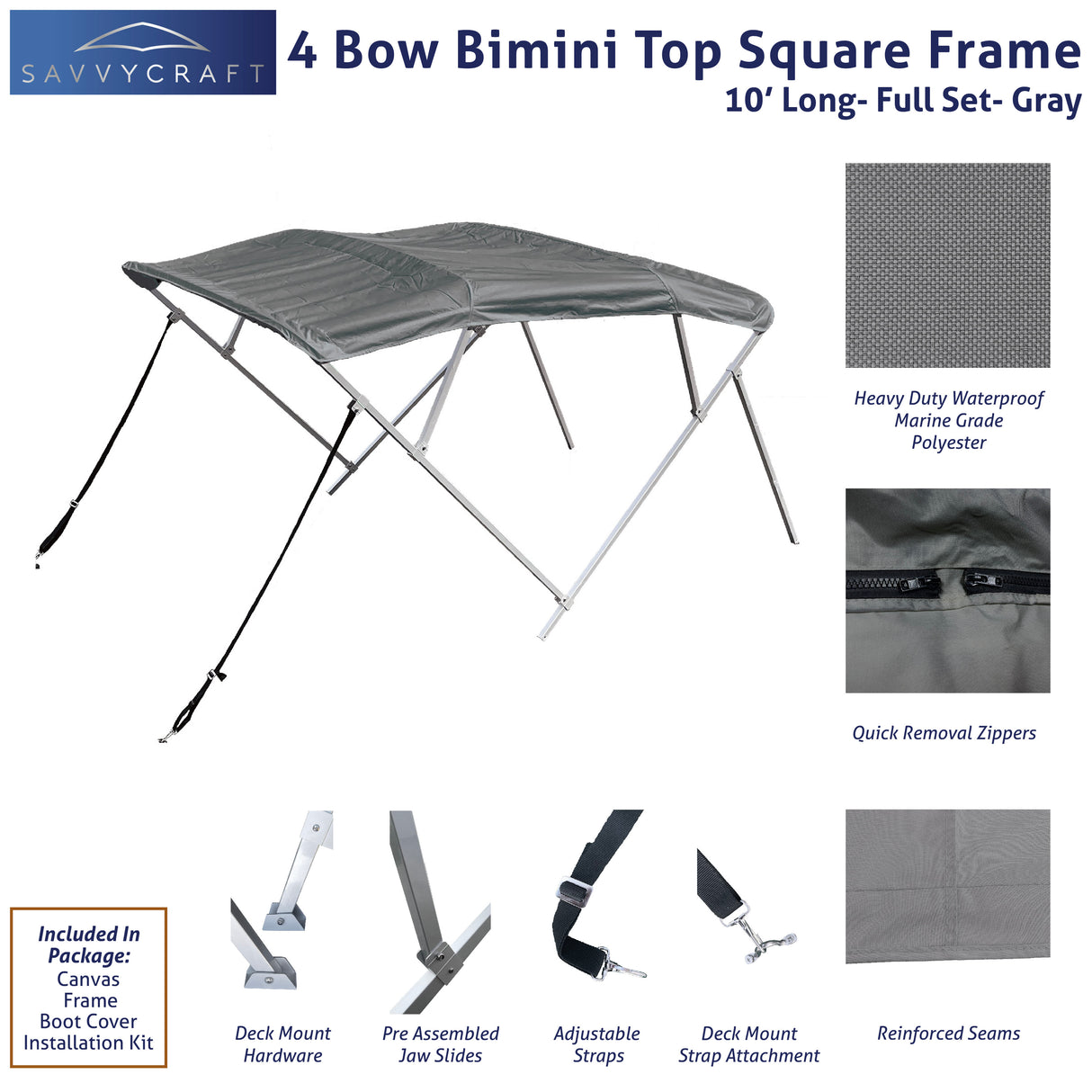 Gray 10ft 4-Bow Black Bimini Top set with square frame, marine-grade polyester canvas, boot, and mounting hardware included.