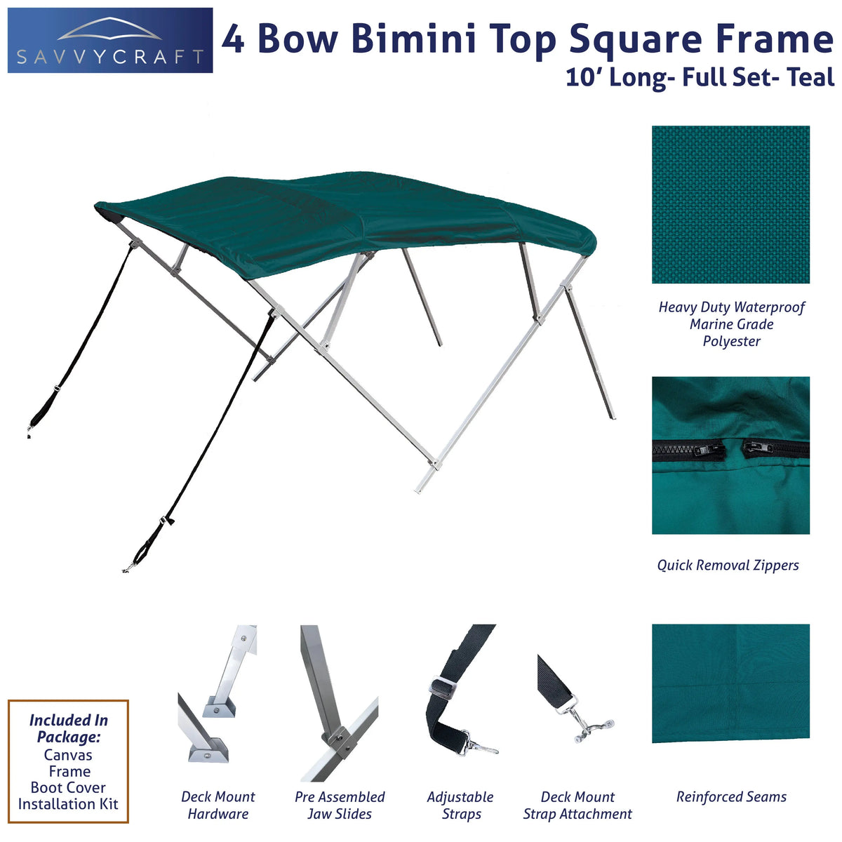 Teal 10ft 4-Bow Black Bimini Top set with square frame, marine-grade polyester canvas, boot, and mounting hardware included.