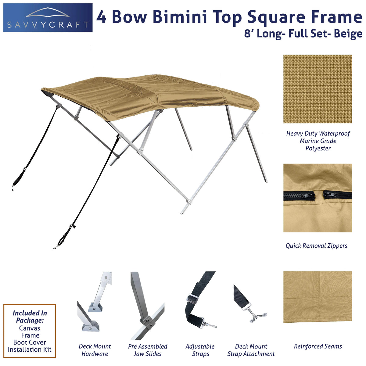 8 ft long beige 4-bow square frame bimini top: waterproof marine polyester, quick-removal zippers, and deck mount hardware kit.