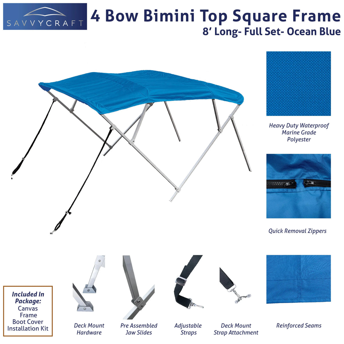 Blue 4-bow square frame bimini top: waterproof marine polyester, quick-removal zippers, and deck mount hardware kit.