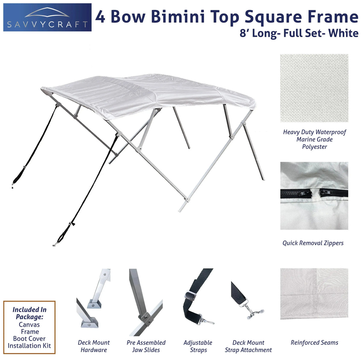 White 4-bow square frame bimini top: waterproof marine polyester, quick-removal zippers, and deck mount hardware kit.