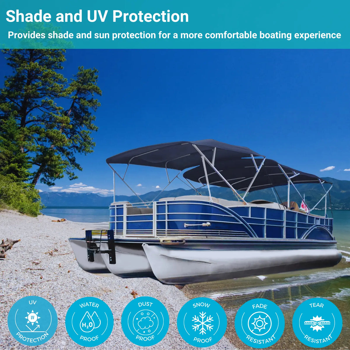 Pontoon boat with double bimini top provides shade and UV protection for a comfy, enjoyable boating experience.