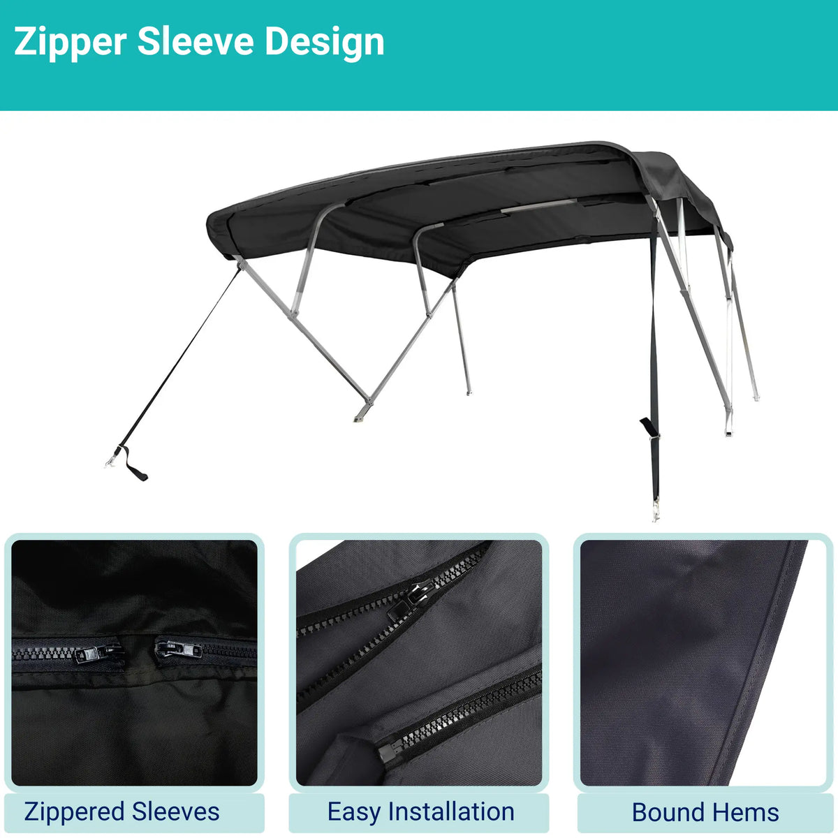 Black 4-bow Bimini top with durable marine polyester canvas, featuring bound hems and zipper sleeves for easy setup