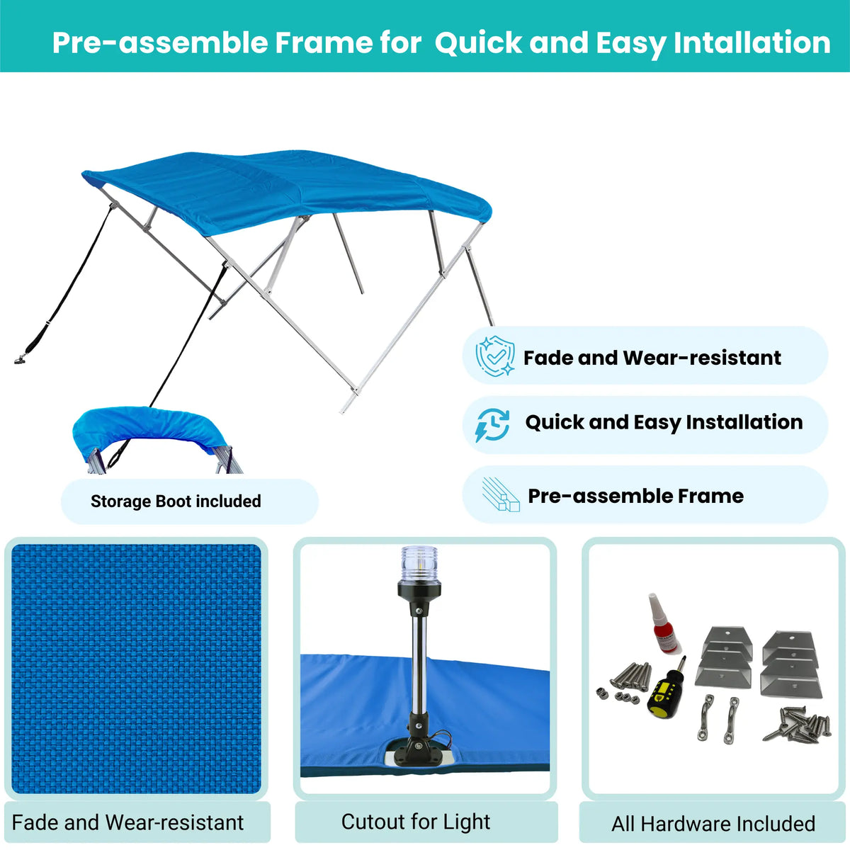 Blue Bimini top with easy-assemble frame, canopy fabric, storage boot with stern light cutout, and complete installation hardware included.