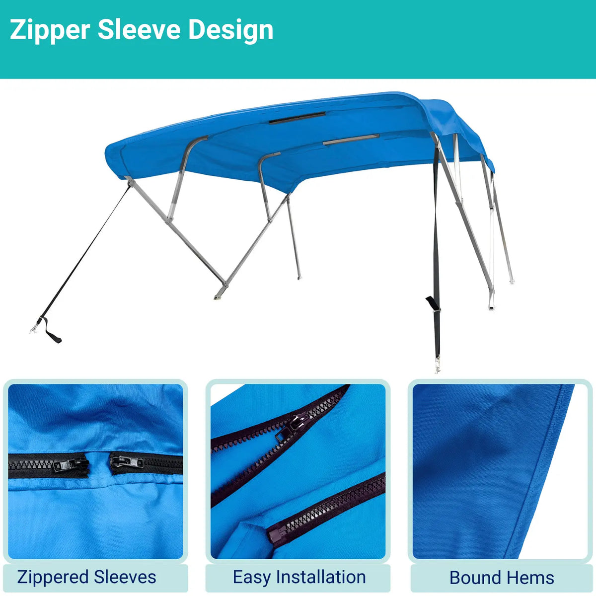 Blue 4-bow Bimini top with durable marine polyester canvas, featuring bound hems and zipper sleeves for easy setup.