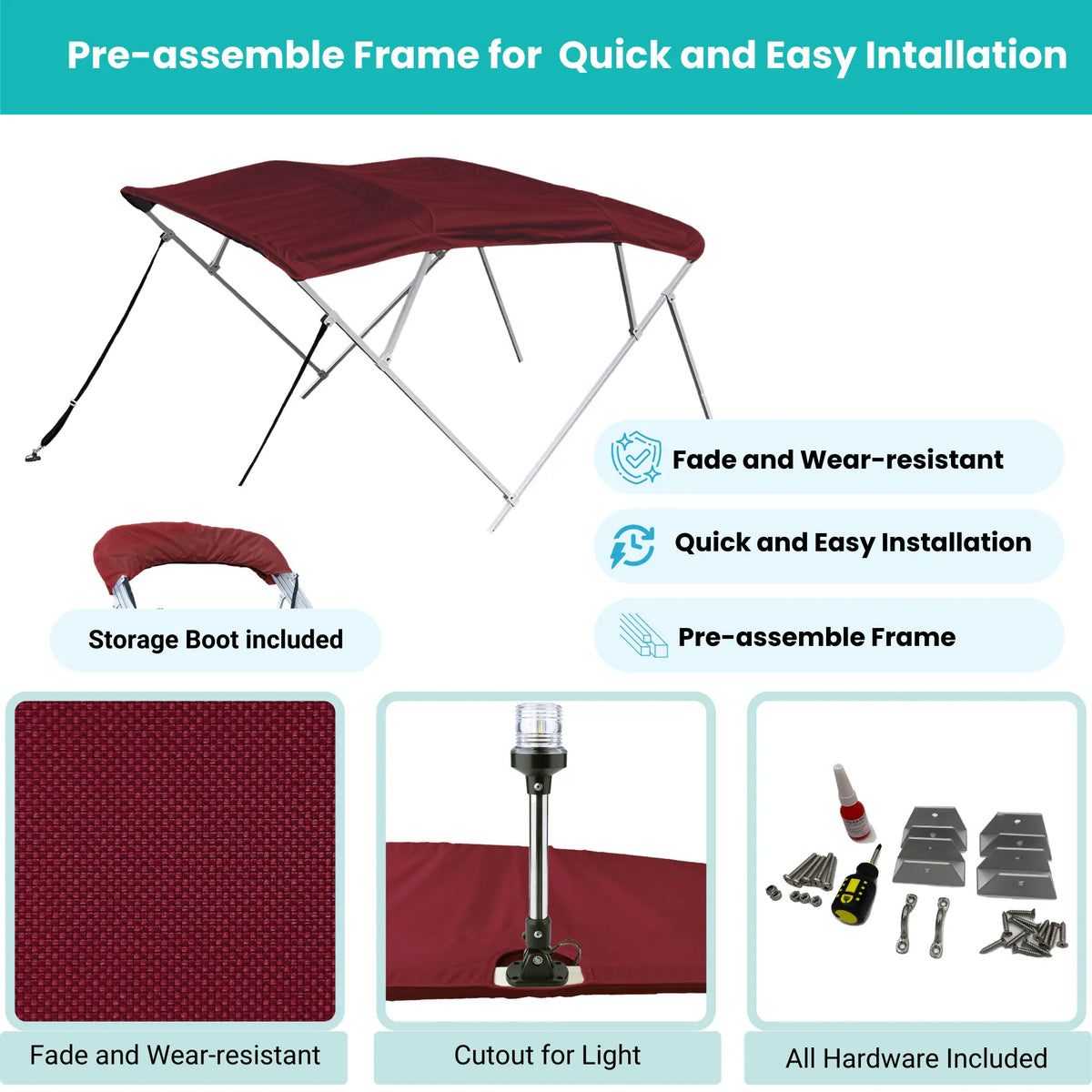 Burgundy Bimini top with easy-assemble frame, canopy fabric, storage boot with stern light cutout, and complete installation hardware included.