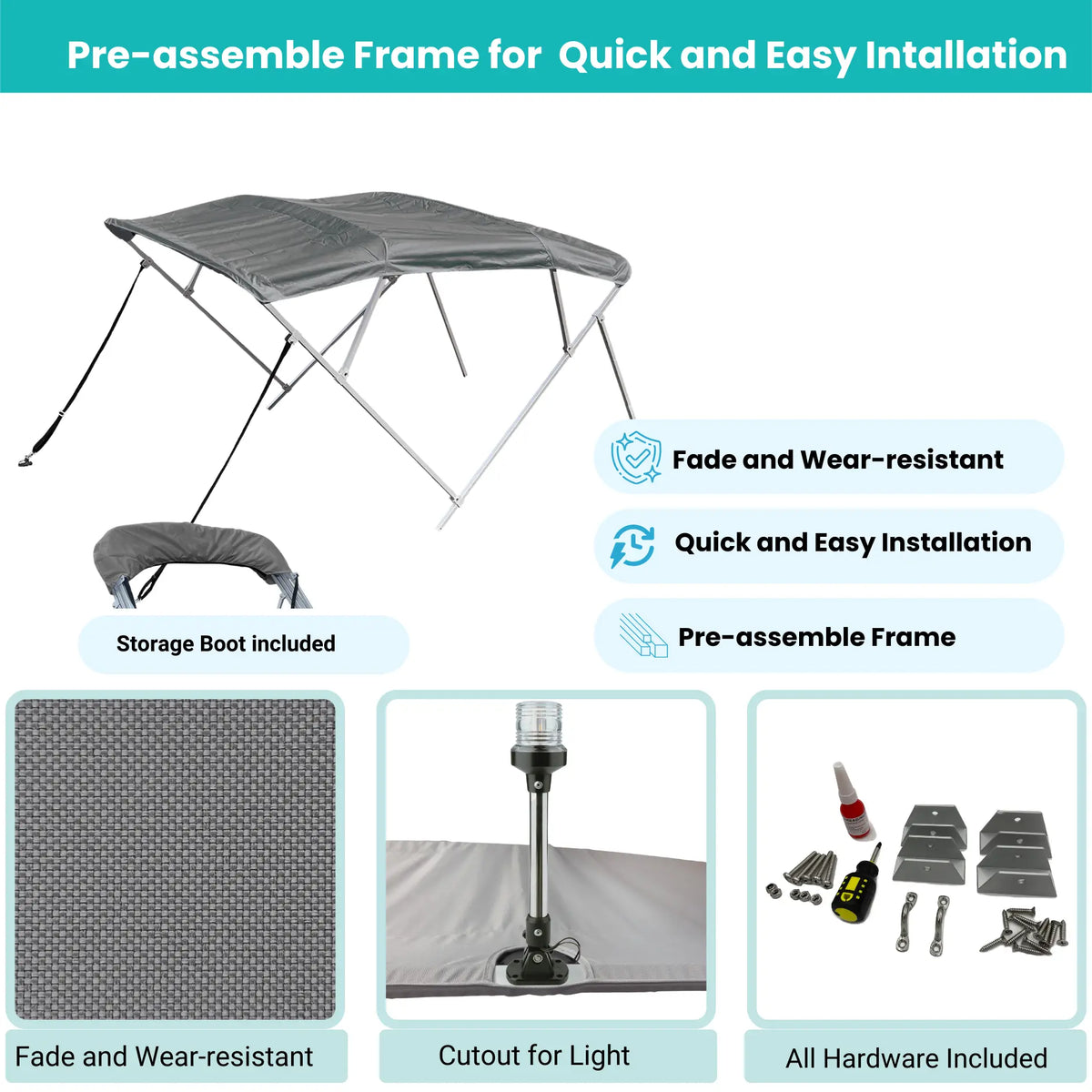 Gray Bimini top with easy-assemble frame, canopy fabric, storage boot with stern light cutout, and complete installation hardware included
