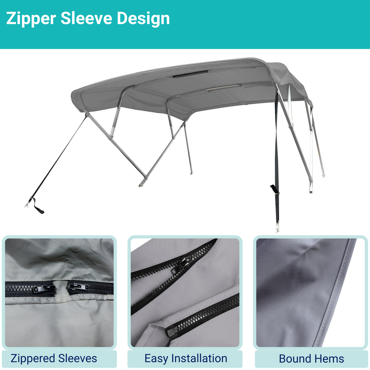 Gray 4-bow Bimini top with durable marine polyester canvas, featuring bound hems and zipper sleeves for easy setup.