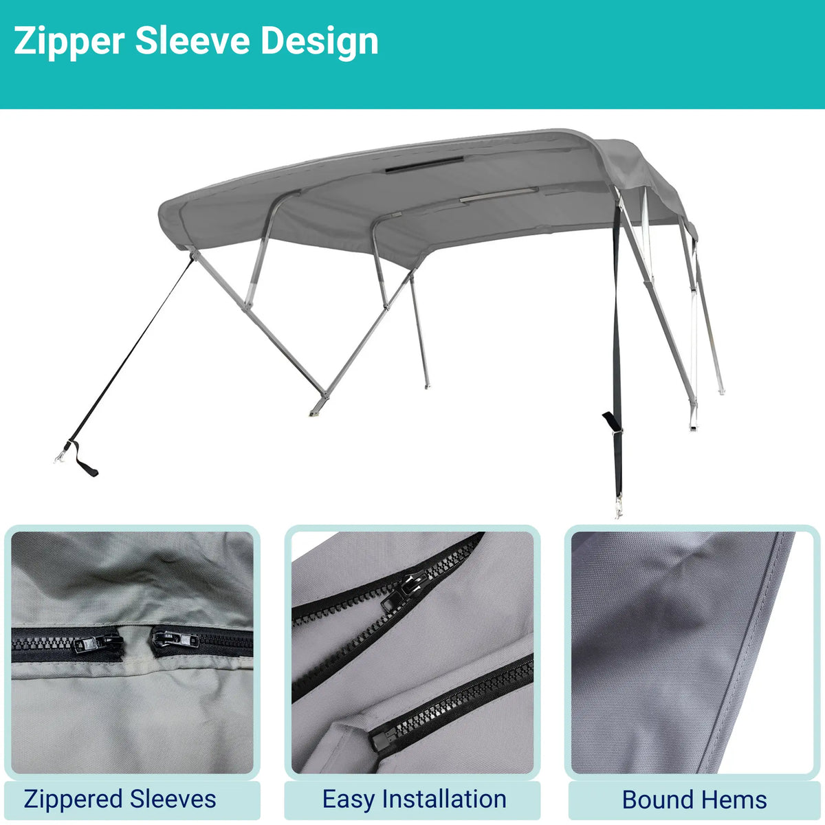 Gray 4-bow Bimini top with durable marine polyester canvas, featuring bound hems and zipper sleeves for easy setup.