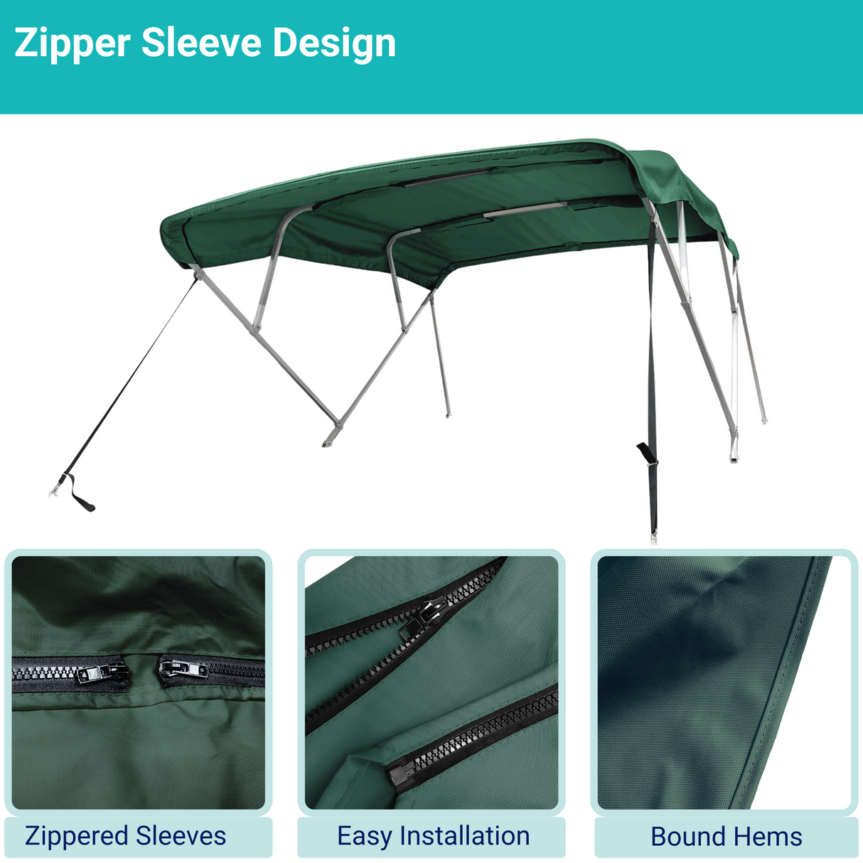 Green 4-bow Bimini top with durable marine polyester canvas, featuring bound hems and zipper sleeves for easy setup.