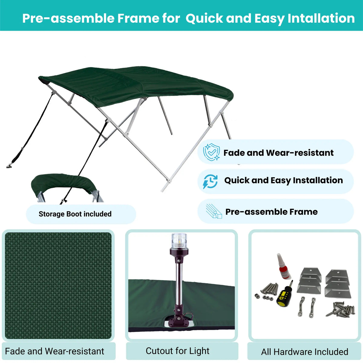 Green Bimini top with easy-assemble frame, canopy fabric, storage boot with stern light cutout, and complete installation hardware included