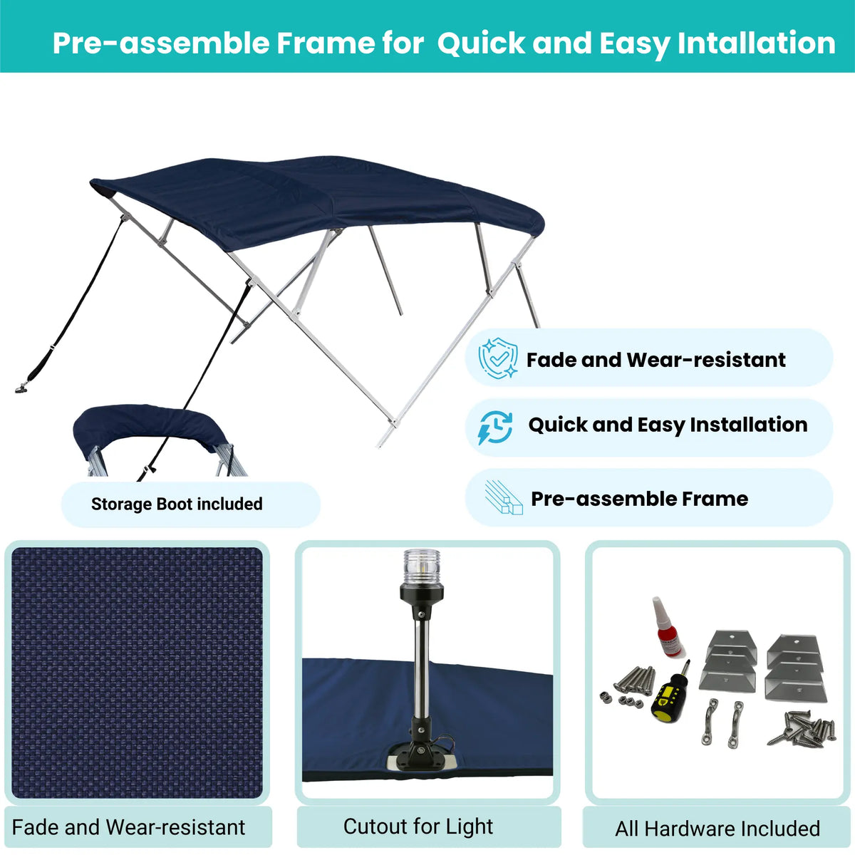 Navy Bimini top with easy-assemble frame, canopy fabric, storage boot with stern light cutout, and complete installation hardware included.