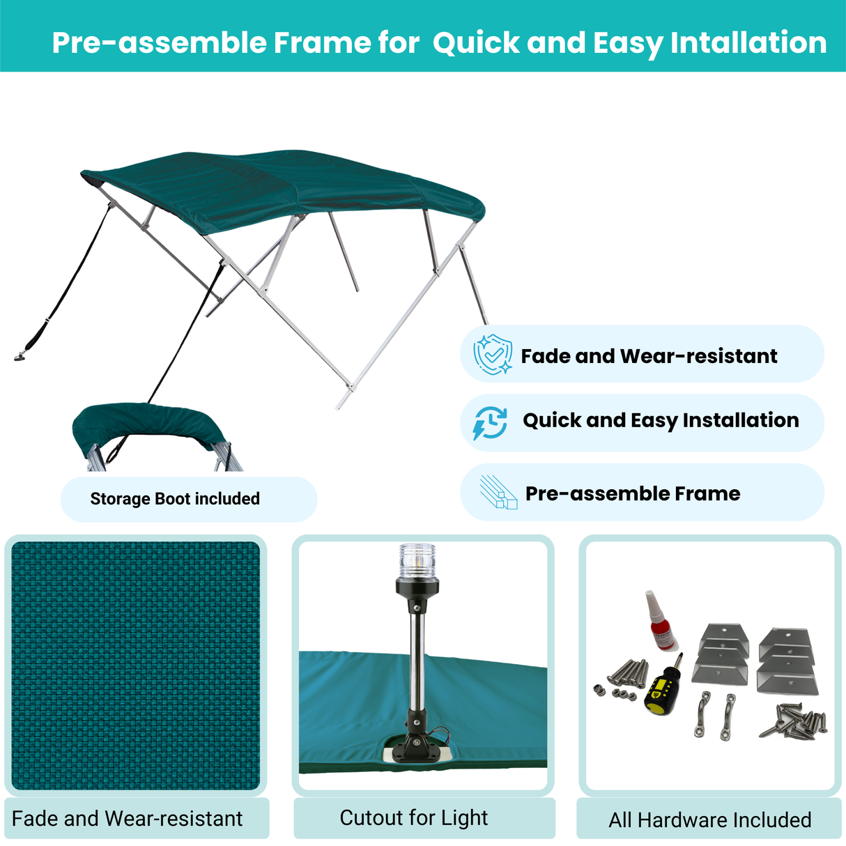 Teal Bimini top with easy-assemble frame, canopy fabric, storage boot with stern light cutout, and complete installation hardware included.
