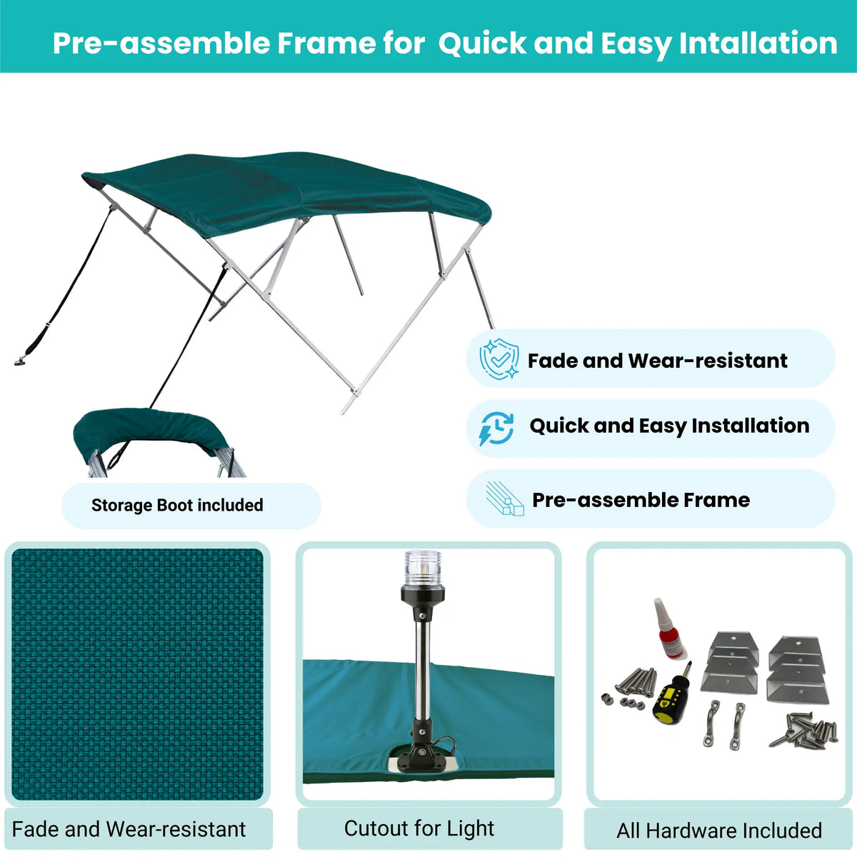 Teal Bimini top with easy-assemble frame, canopy fabric, storage boot with stern light cutout, and complete installation hardware included.
