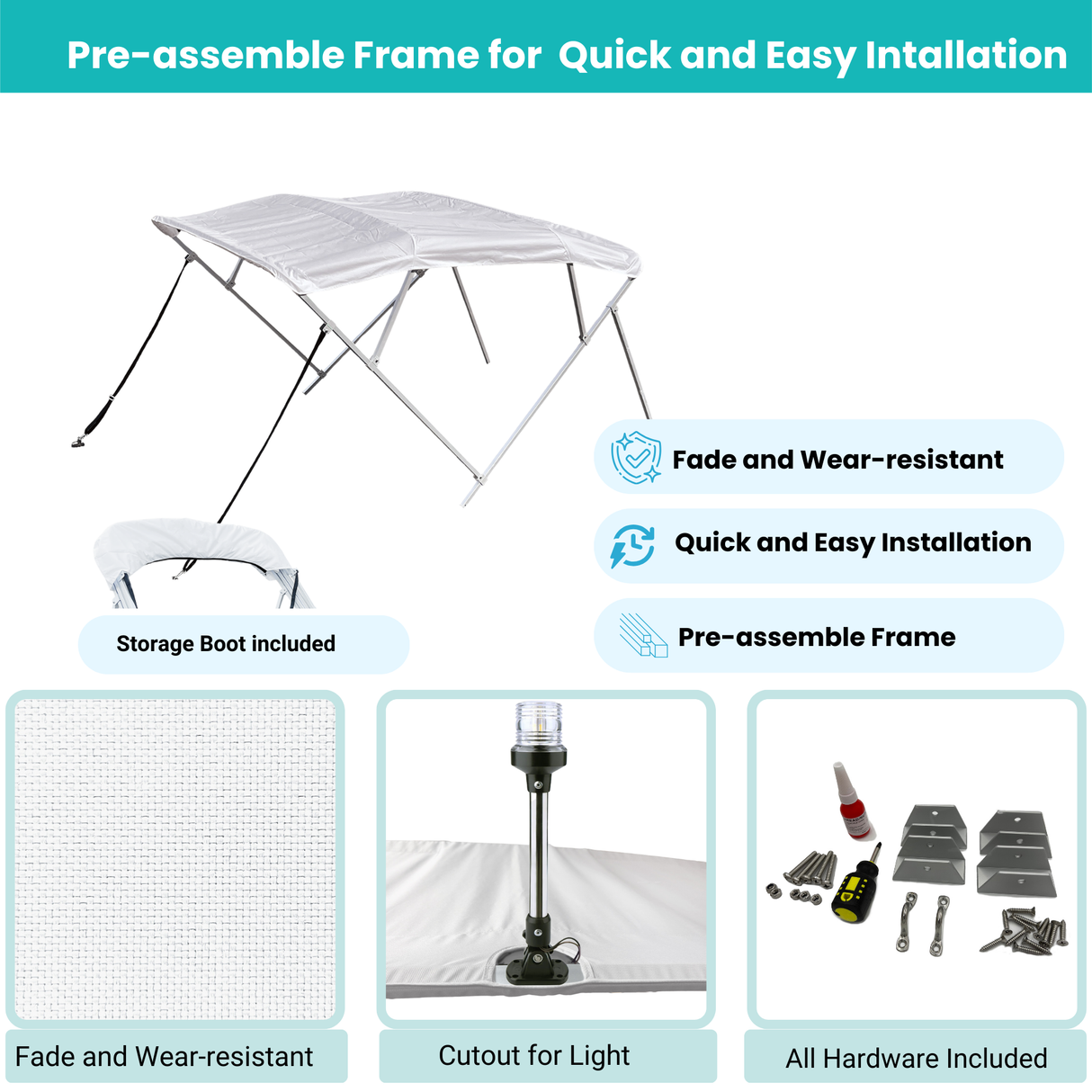 White Bimini top with easy-assemble frame, canopy fabric, storage boot with stern light cutout, and complete installation hardware included.
