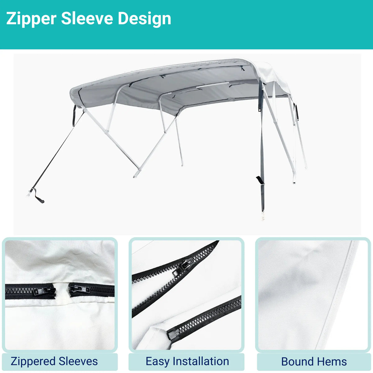 white 4-bow Bimini top with durable marine polyester canvas, featuring bound hems and zipper sleeves for easy setup.