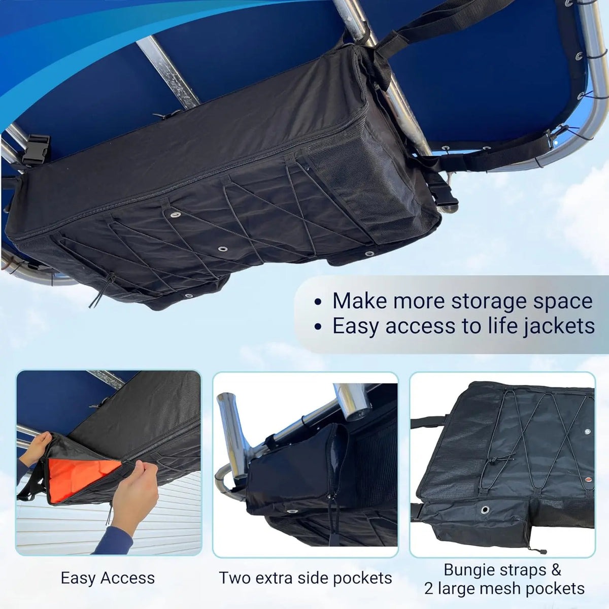 Heavy-duty T-top hard top storage organizer for boats, showing large capacity for life jackets, mesh pockets for gear, and bungee cords. Perfect marine storage solution by SavvyCraft