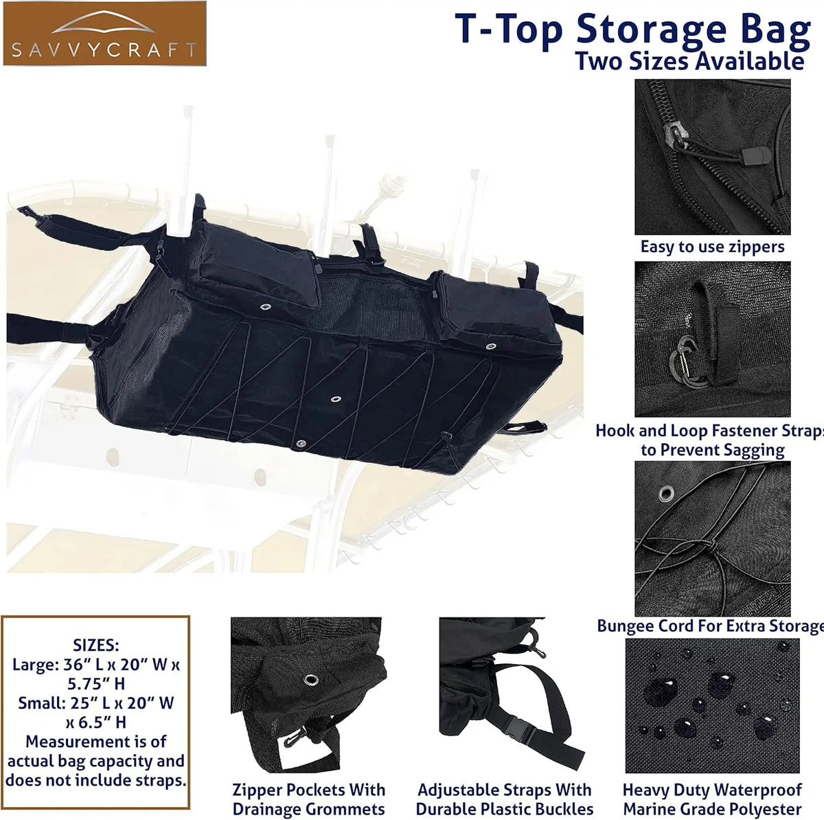 SavvyCraft T-Top boat life jacket storage bag with zippers, adjustable straps, bungee cord, and waterproof marine-grade polyester, two sizes available - small and large