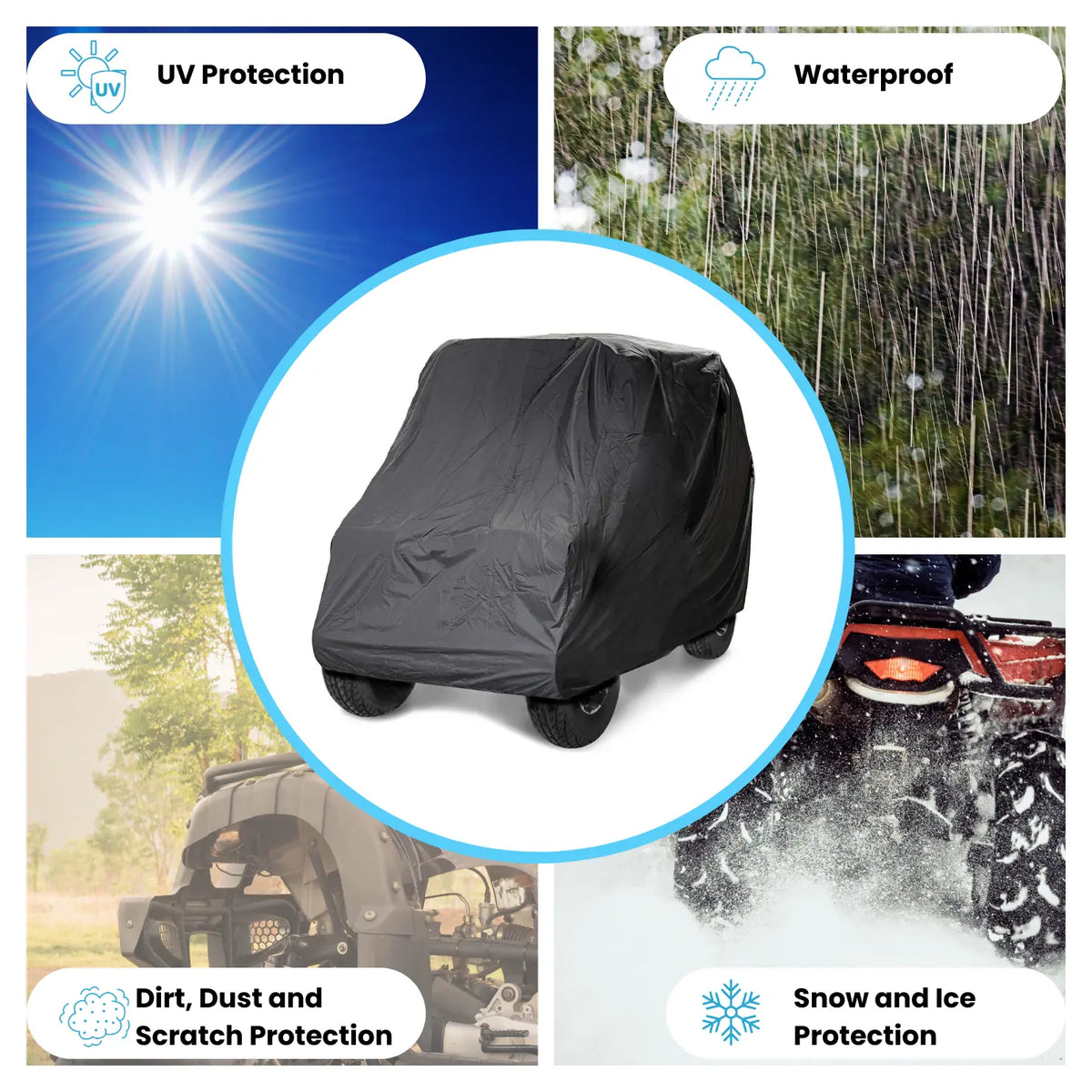 Heavy-duty black UTV cover offering UV, waterproof, dust, scratch, and winter weather protection. Includes breathable fabric for both indoor and outdoor use.