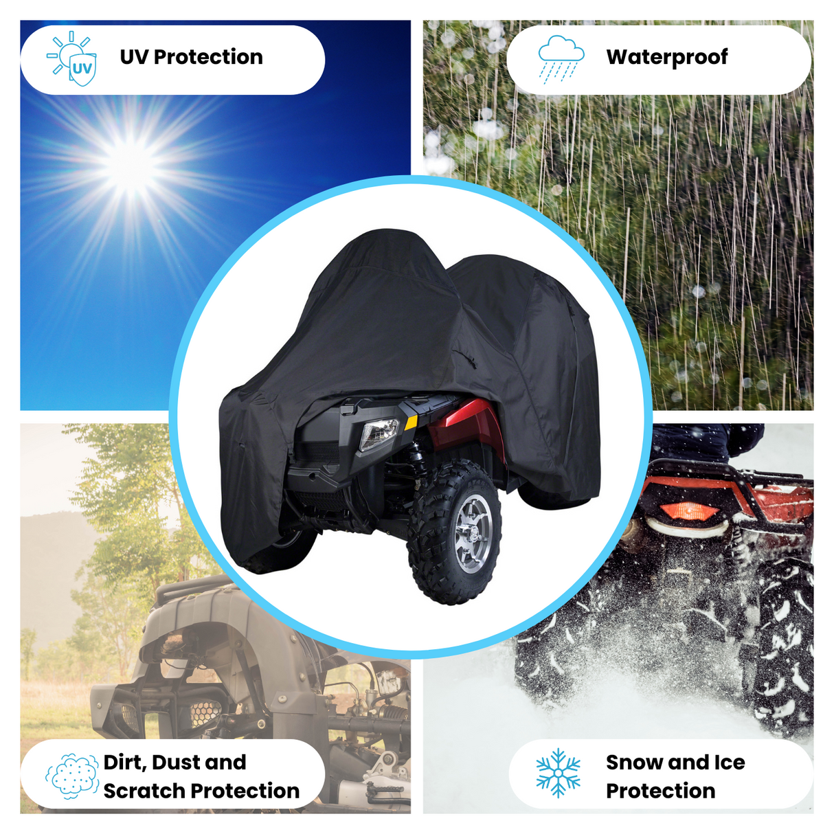 Heavy-duty black ATV cover offering UV, waterproof, dirt, dust, scratch, and snow and ice protection. Includes breathable fabric for both indoor and outdoor use.