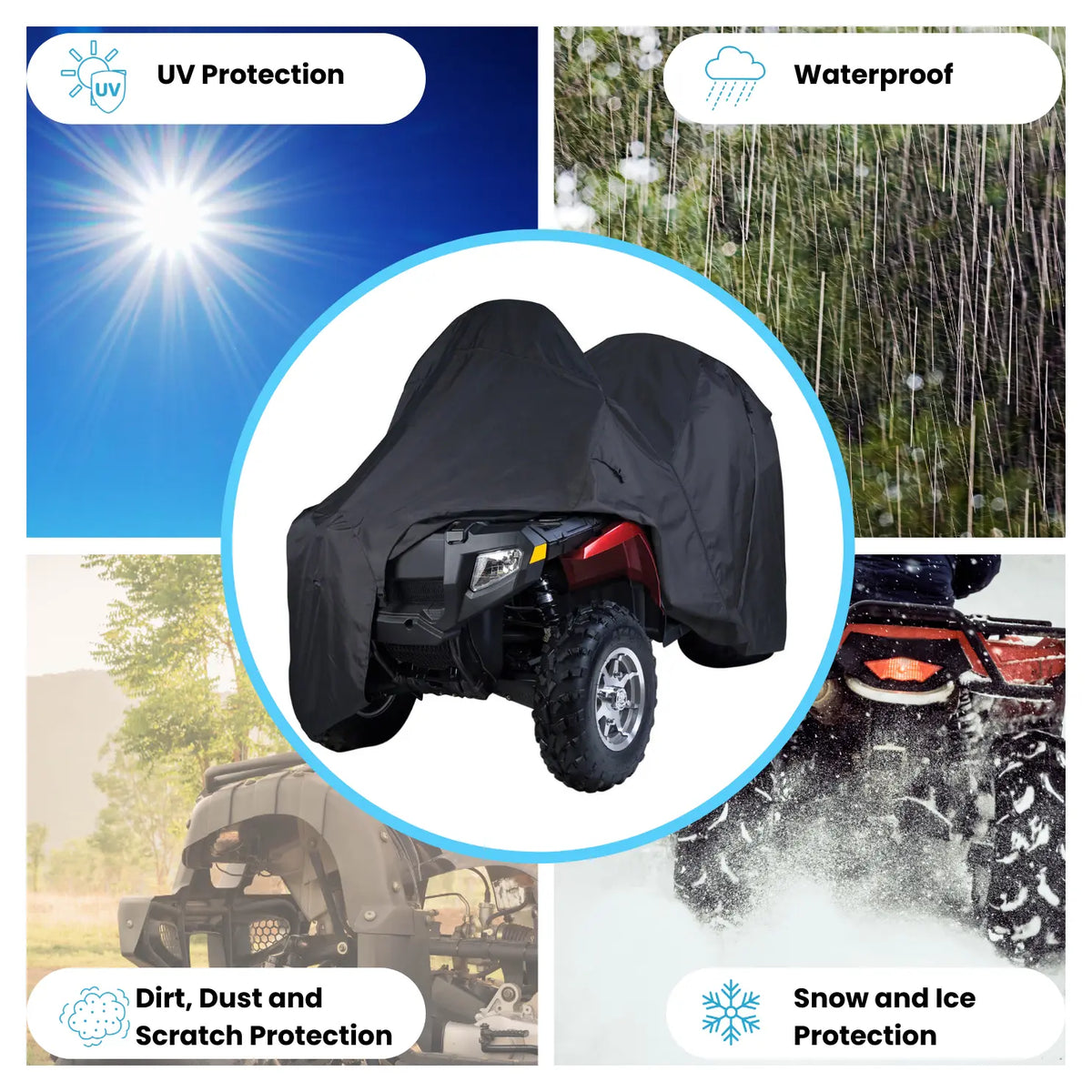 Heavy-duty black ATV cover offering UV, waterproof, dirt, dust, scratch, and snow and ice protection. Includes breathable fabric for both indoor and outdoor use.