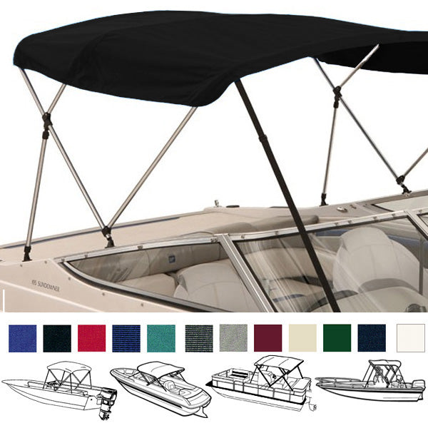 Boat with a black bimini top installed on it, showcasing different height options with color swatches shown below.