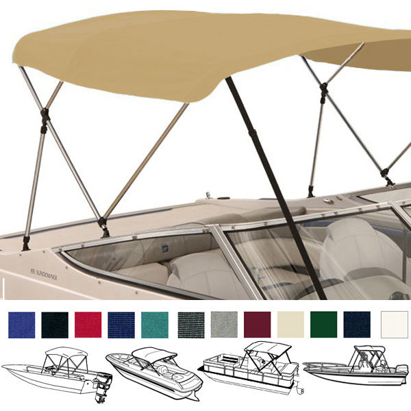 Boat with a beige bimini top installed on it, showcasing different height options with color swatches shown below.