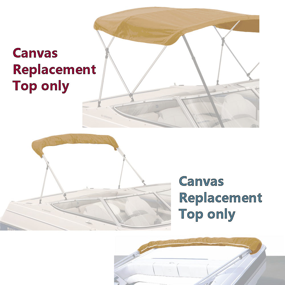 Beige bimini top replacement canvas shown on a bimini frame for display purposes only. Product includes the canvas and storage boot only.