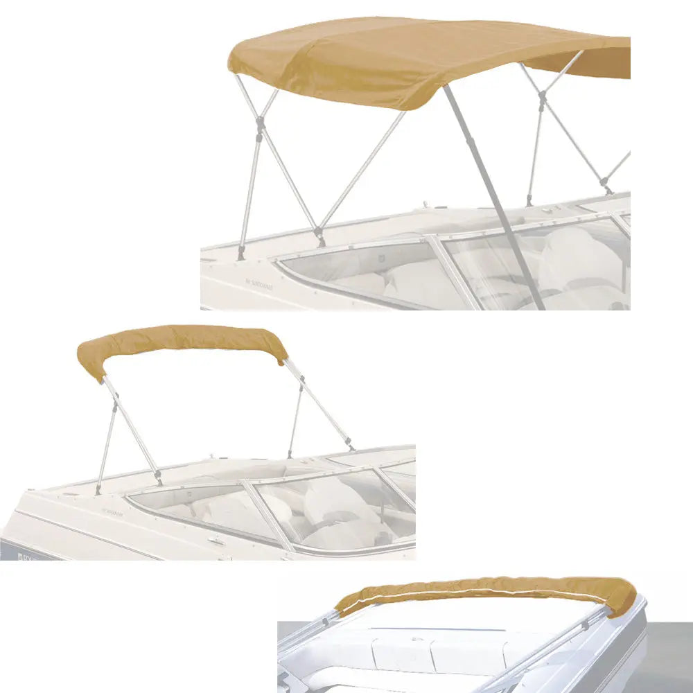 Beige bimini top replacement canvas fitted on a bimini frame, shown from multiple angles, fully open and stored in a protective boot.
