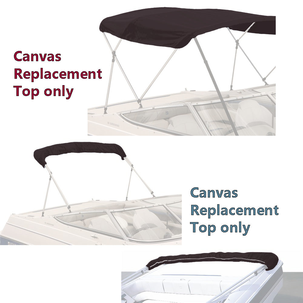 Black bimini top replacement canvas shown on a bimini frame for display purposes only. Product includes the canvas and storage boot only.