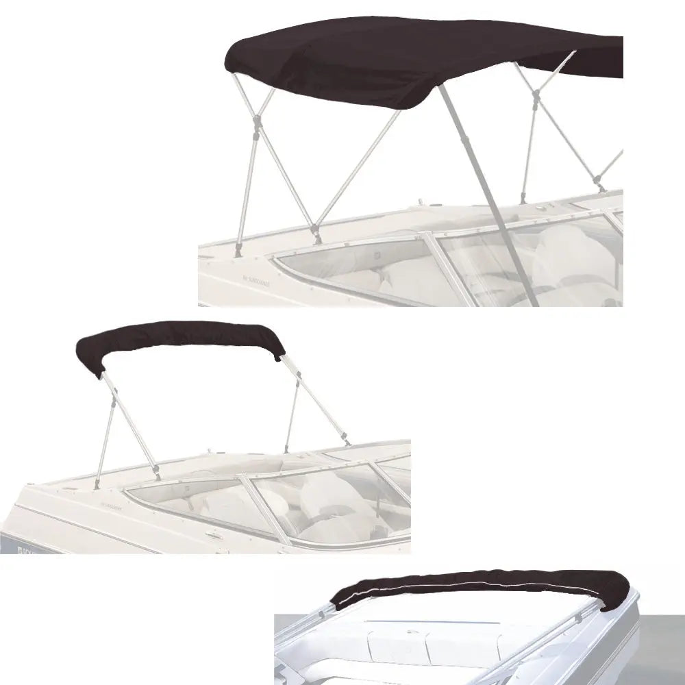 Black bimini top replacement canvas fitted on a bimini frame, shown from multiple angles, fully open and stored in a protective boot.
