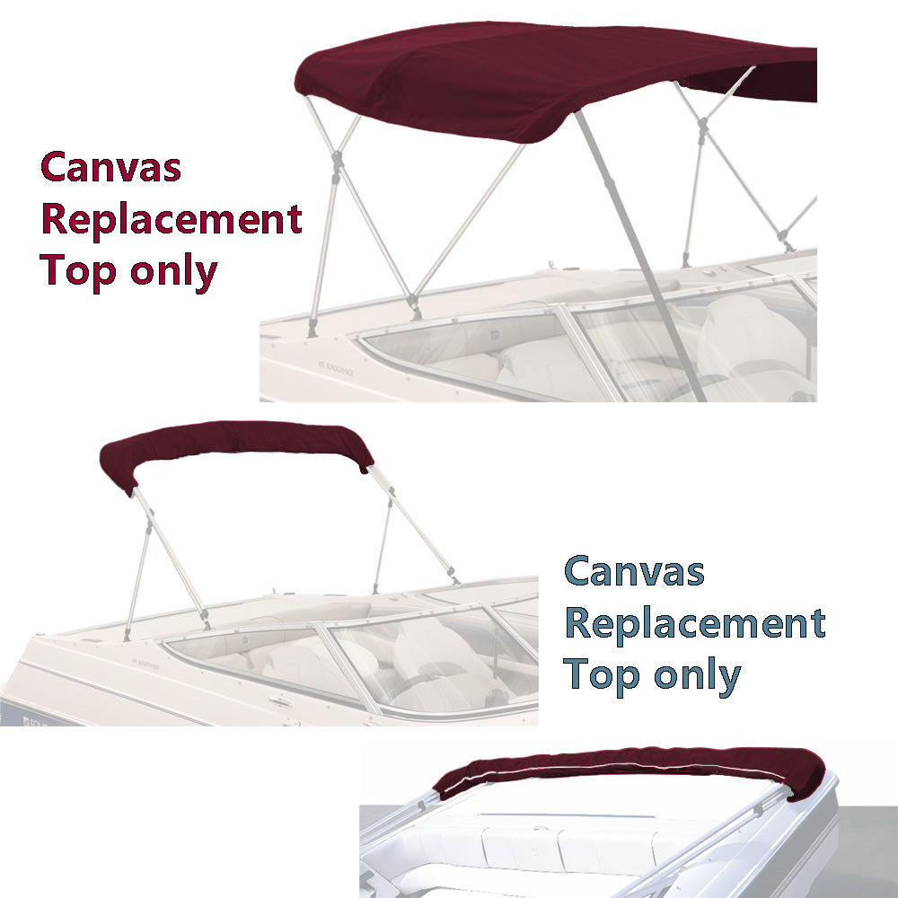 Burgundy bimini top replacement canvas shown on a bimini frame for display purposes only. Product includes the canvas and storage boot only.