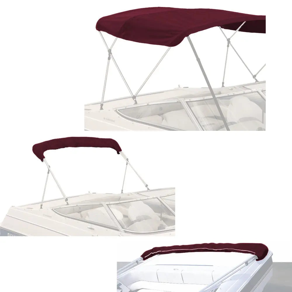 Burgundy bimini top replacement canvas fitted on a bimini frame, shown from multiple angles, fully open and stored in a protective boot.