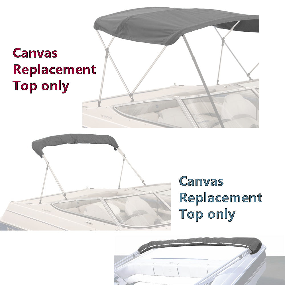 Gray bimini top replacement canvas shown on a bimini frame for display purposes only. Product includes the canvas and storage boot only.