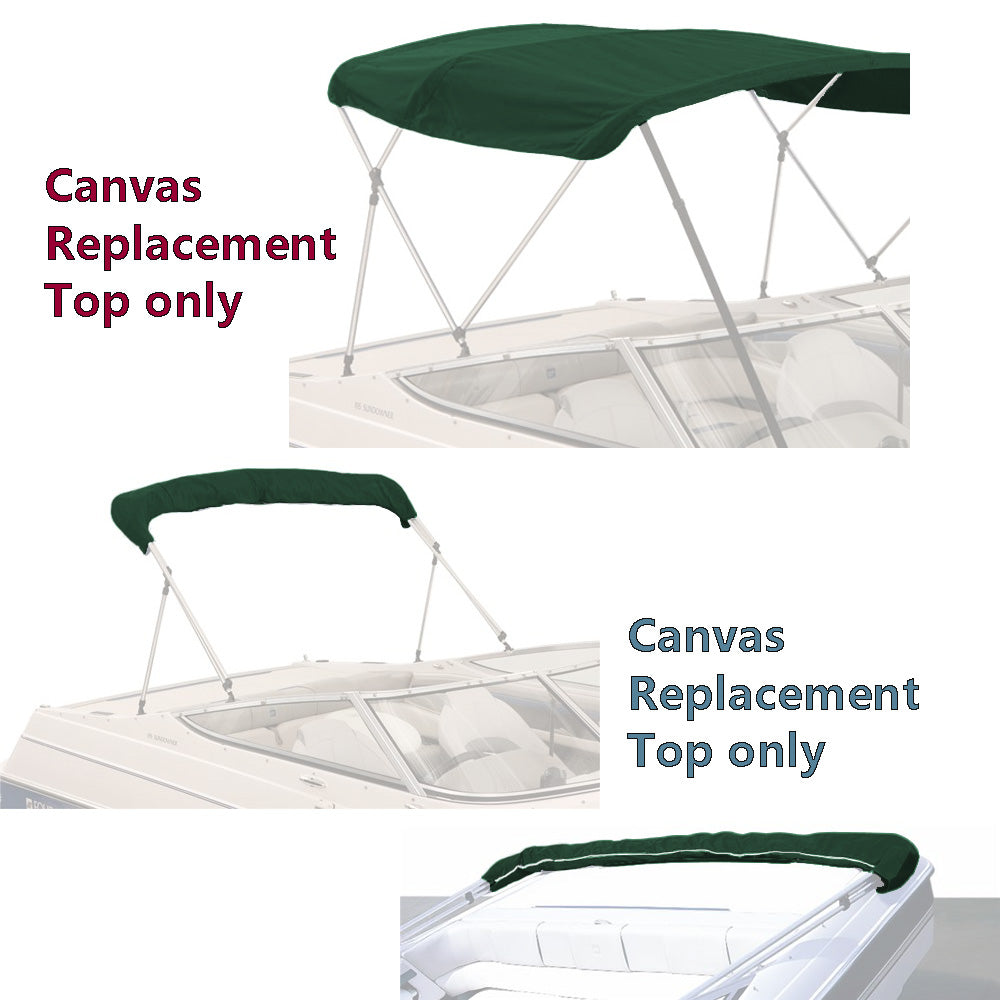 Green bimini top replacement canvas shown on a bimini frame for display purposes only. Product includes the canvas and storage boot only.