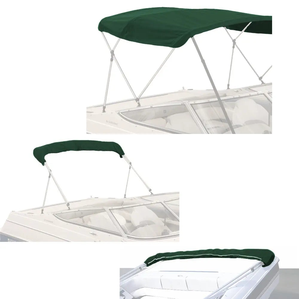 Green bimini top replacement canvas fitted on a bimini frame, shown from multiple angles, fully open and stored in a protective boot.