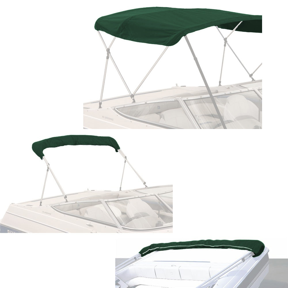 Green bimini top replacement canvas fitted on a bimini frame, shown from multiple angles, fully open and stored in a protective boot.