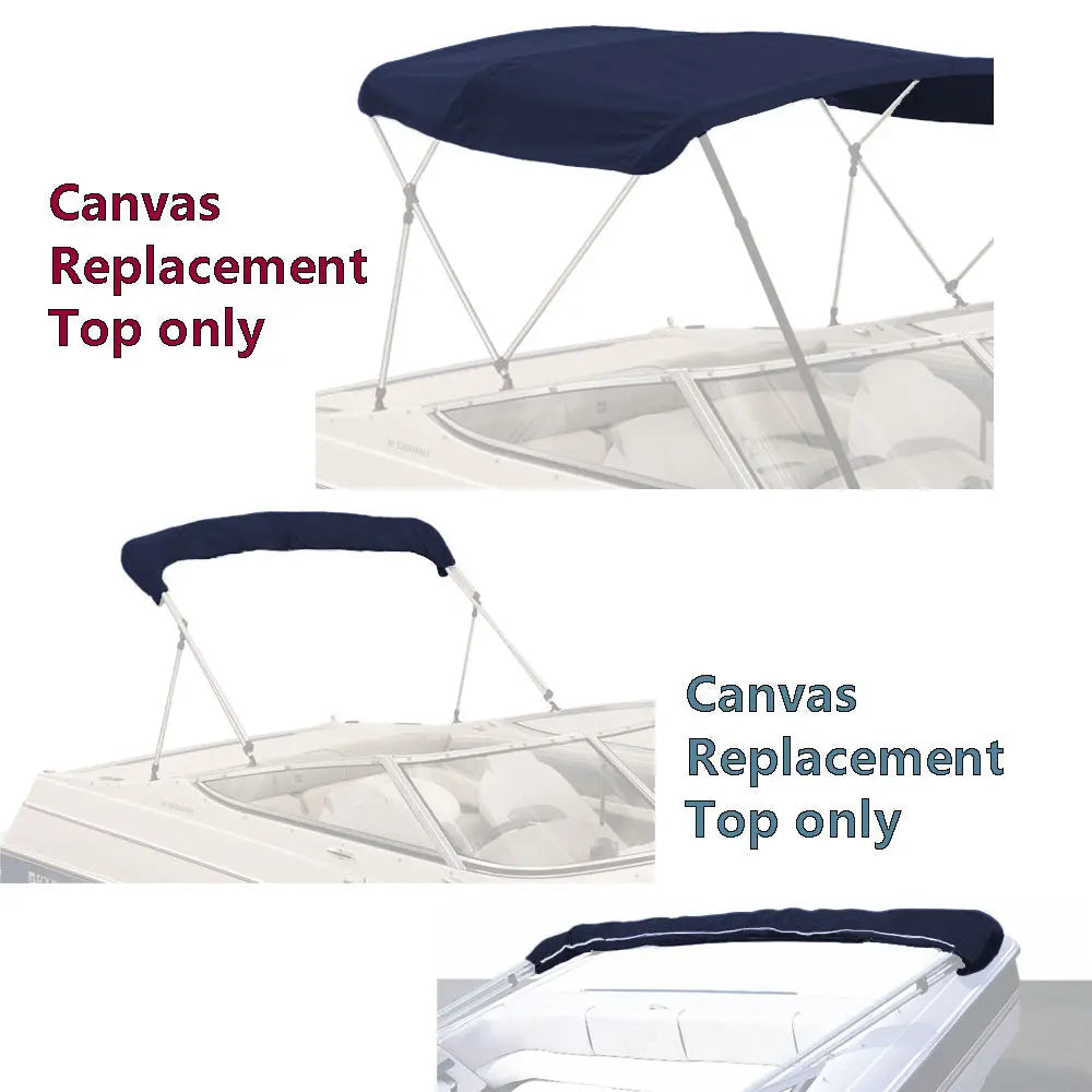 Navy bimini top replacement canvas shown on a bimini frame for display purposes only. Product includes the canvas and storage boot only.