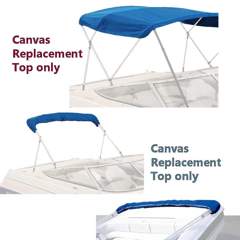 Blue bimini top replacement canvas shown on a bimini frame for display purposes only. Product includes the canvas and storage boot only.