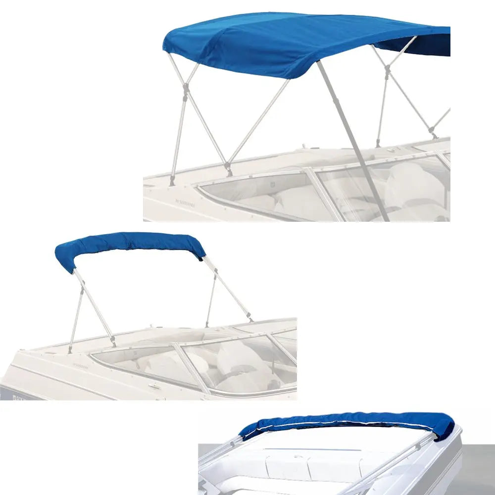 Blue bimini top replacement canvas fitted on a bimini frame, shown from multiple angles, fully open and stored in a protective boot.