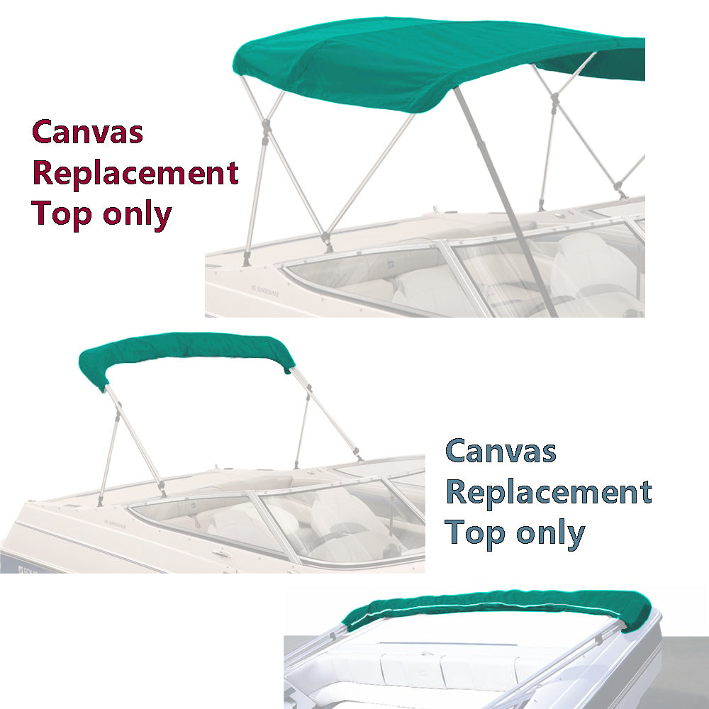 Teal bimini top replacement canvas shown on a bimini frame for display purposes only. Product includes the canvas and storage boot only.