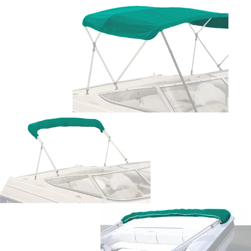 Teal bimini top replacement canvas fitted on a bimini frame, shown from multiple angles, fully open and stored in a protective boot.