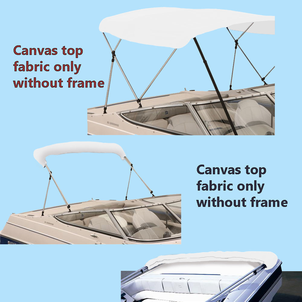 White bimini top replacement canvas shown on a bimini frame for display purposes only. Product includes the canvas and storage boot only.