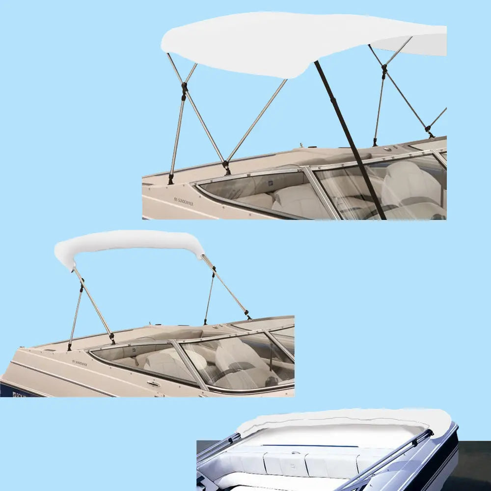 White bimini top replacement canvas fitted on a bimini frame, shown from multiple angles, fully open and stored in a protective boot.